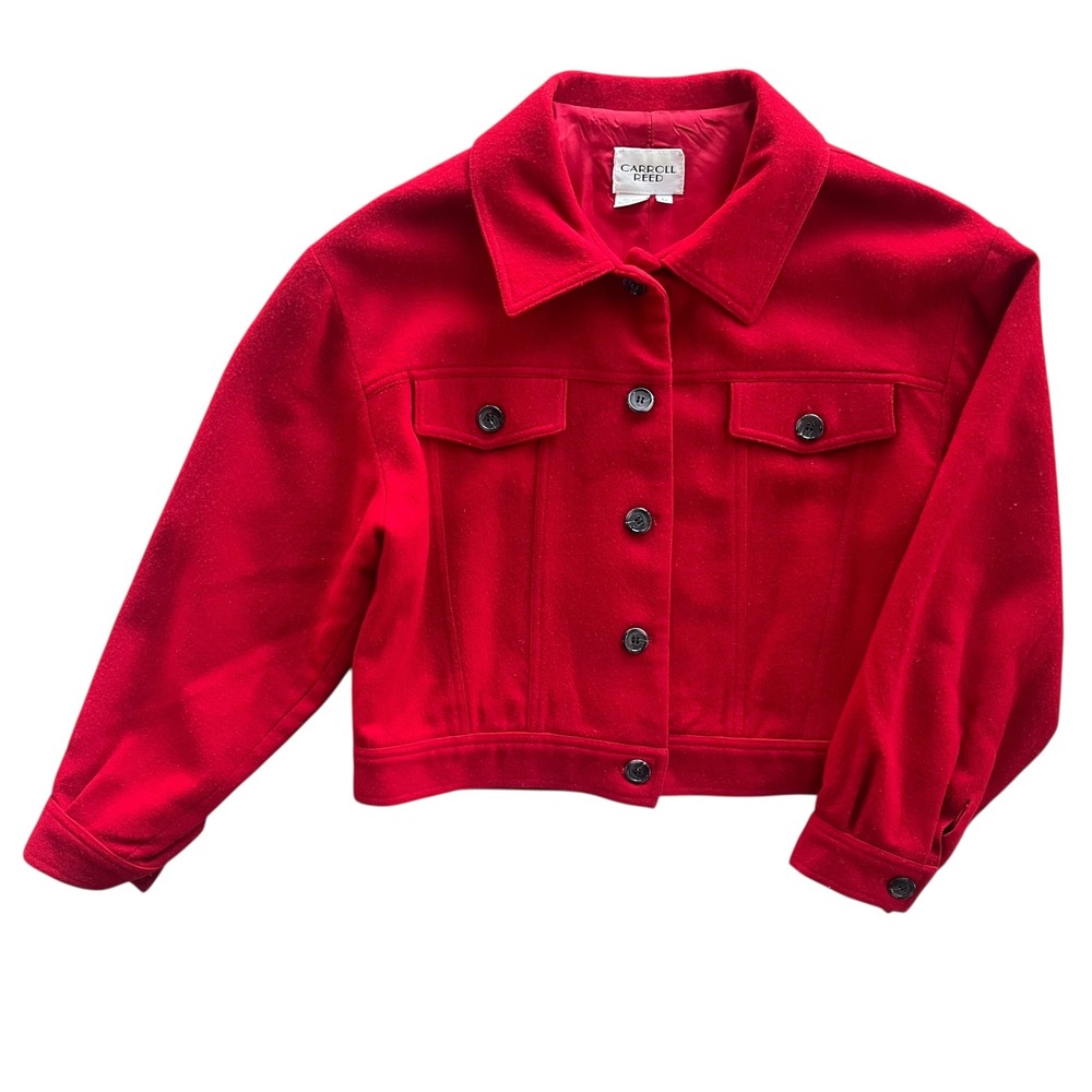 CARROLL REED Women's Sz L Red 100% Wool Button Front Cropped Jacket Vintage Chic